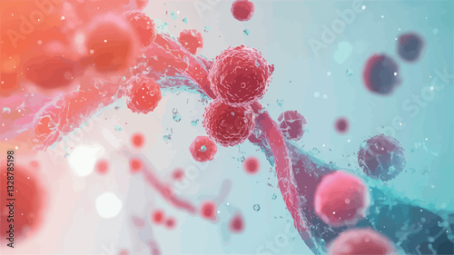 Microscopic view of cellular structures. The image shows a dynamic composition of red spherical particles clustered around a curved, red-toned strand, possibly representing DNA or a similar