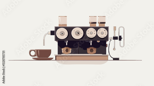 A vector illustration depicting a stylized espresso machine with a cup of coffee. The machine is dark-colored with light-colored accents, and it shows several portafilters with coffee grounds.  A
