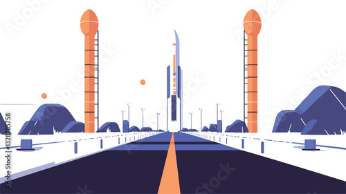 A digital illustration depicting a stylized, minimalist view of a rocket launchpad.  The scene features a central rocket flanked by two tall, slender structures, likely support towers. The