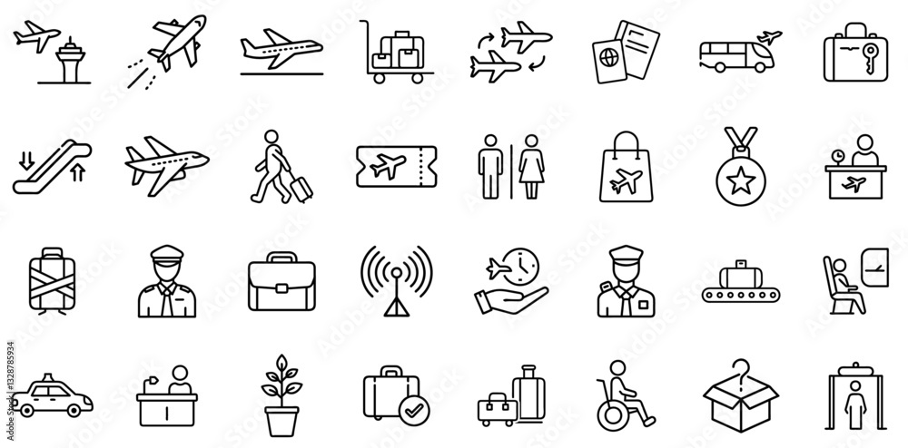 Air Travel and Airport Line Icons Set – Flight, Luggage, Passport, Boarding, Security Check, Airline Ticket, Pilot, Baggage Claim, Airport Facilities, Business Travel, Immigration, Travel Essentials