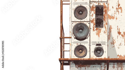 Close-up shot of a rusty, weathered sound system mounted on a metal scaffolding against a plain white background.  The image features three speakers of varying sizes, showing significant rust and