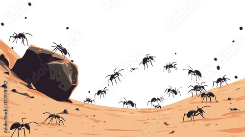Digital illustration depicting a colony of black ants carrying what appears to be a crumb or small piece of food across a sandy desert landscape.  A dark-colored rock is partially visible in the