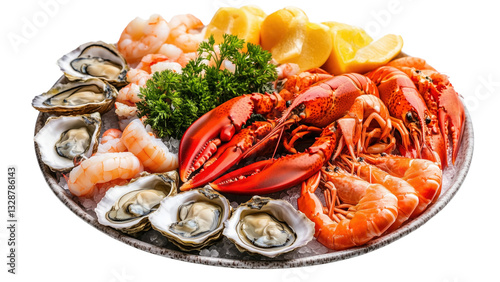 A platter of seafood including lobster, shrimp, and oysters