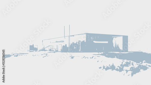 The image shows a single, low-lying industrial building situated in a vast, snowy landscape.  The building is rectangular with a flat roof and appears to be made of light-colored metal or concrete.