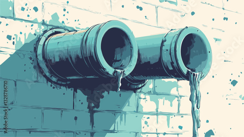 Close-up view of two large, cylindrical pipes protruding from a light-colored brick wall.  The pipes are a teal or light blue color and appear aged or weathered, with drips of dark liquid running