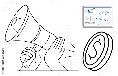 Hands holding megaphone amplifying message, coin symbolizing financial growth, data dashboard. Ideal for marketing, advertising, finance, communication, data analysis promotion investment. Flat