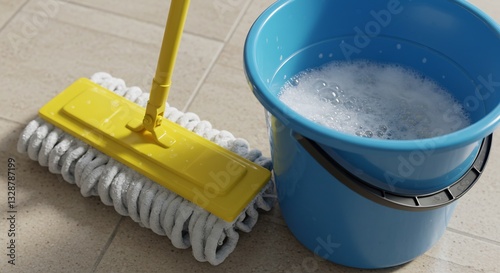 Clean floors gleaming bright yellow mop bucket. AI Generated