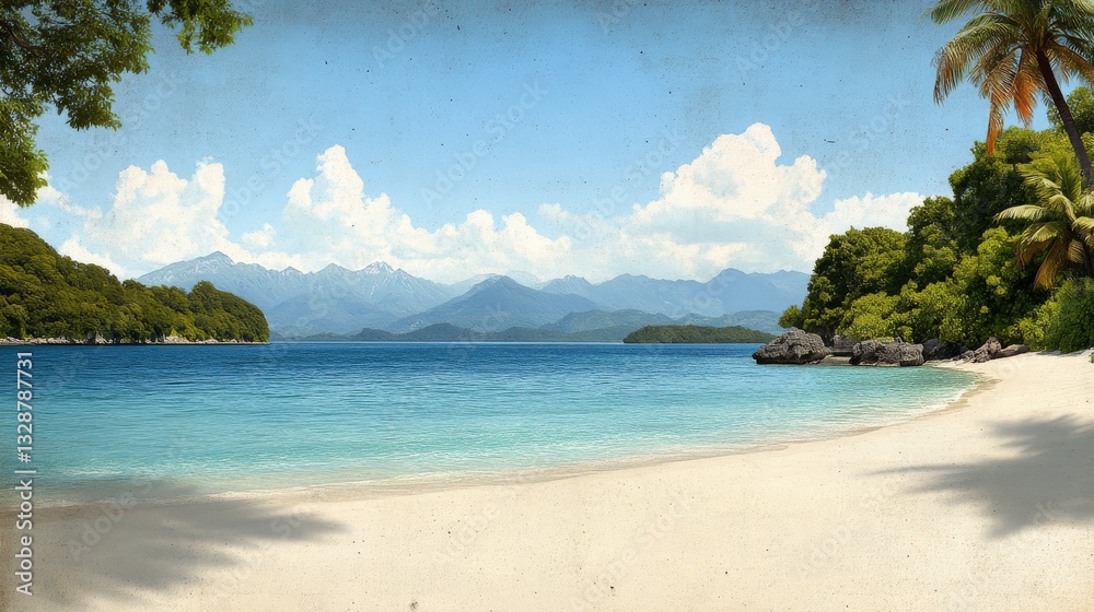 Obraz premium Serene Tropical Beach Landscape with Clear Water and Lush Green Mountains Under a Blue Sky