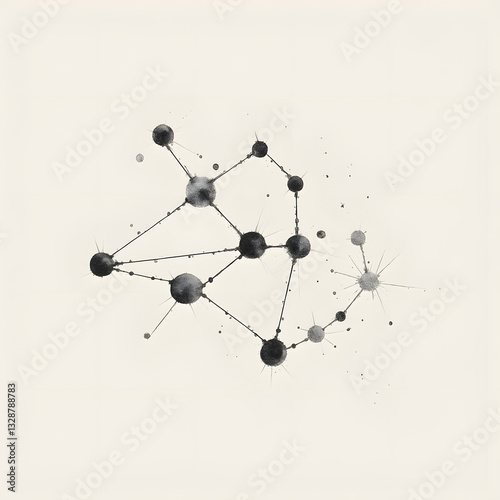 Minimalist black ink wash illustration of a star constellation with interconnected dots, representing astronomy, cosmic networks, and celestial navigation on a light background