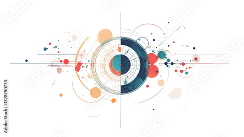 The image is a digital illustration depicting an abstract data visualization.  The central element is a circular graphic divided into segments of teal, dark blue, and orange.  These segments appear