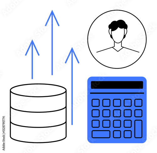 Database and calculator with upward arrows symbolizing data growth and user engagement. Ideal for data analytics, finance, management, technology solutions, user experience, big data, flat simple