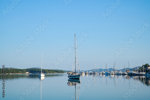 Sailboats rest quietly in still waters at a serene marina surrounded by lush hills on a sunny day.