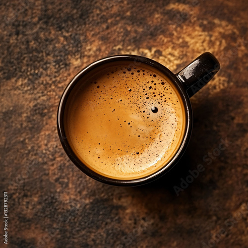 Dark espresso coffee in brown ceramic cup with creamy golden crema