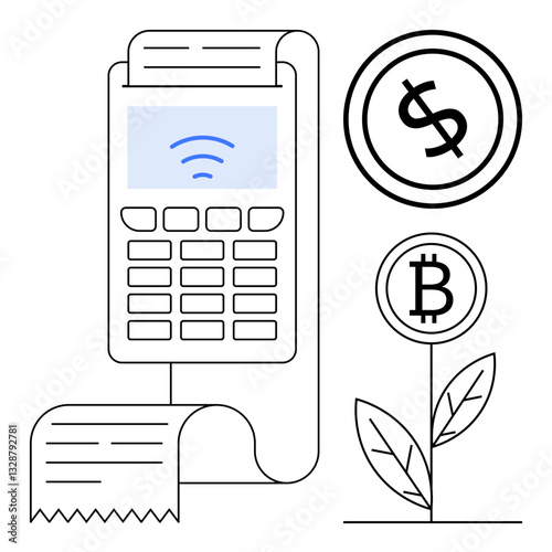 Payment terminal processing a transaction, dollar coin symbolizing finance, Bitcoin plant representing cryptocurrency growth. Ideal for finance, fintech, cryptocurrency, payment systems, investment