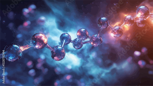 A digital 3D rendering depicting a chain of molecules, rendered in shades of blue and red, floating within a vibrant, nebulous background. The molecules are highly detailed, showing interconnected