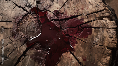 Close-up view of a cross-section of a tree trunk exhibiting numerous cracks and fissures. A dark red stain, suggestive of blood, is centrally located and irregularly shaped, pooling within the