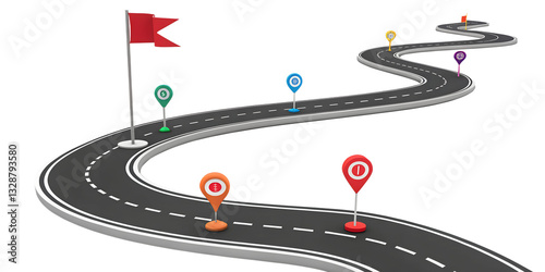 png Road to Success: A winding road dotted with colorful location markers and a flag, symbolizing a journey of progress and achievement, set against a transparent background. 
