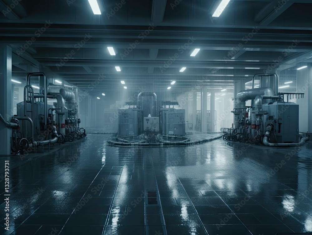 Industrial machinery in a fog-filled basement power station Industrial machinery in a fog-filled basement power station