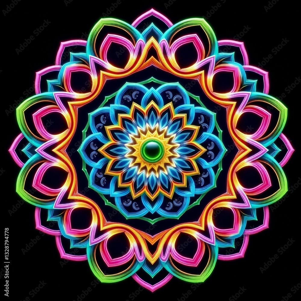 vibrant geometric mandala, 4K minimalist illustration, jewel-toned circles, centered harmony, vaporwave aesthetic, versatile design for digital backgrounds or print materials