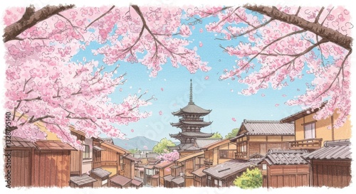 桜と京都の五重の塔の和紙のちぎり絵