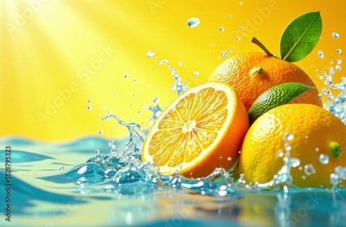 a colorful medley of fresh fruits lemon lime orange in a massive water splash, captured in a yellow background