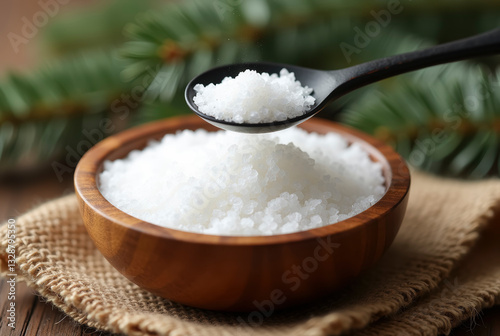 A spoonful of salt in a rustic bowl