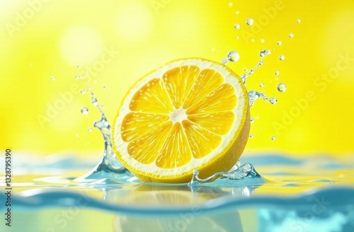 Yellow big lemon in water splash on vibrant yellow background