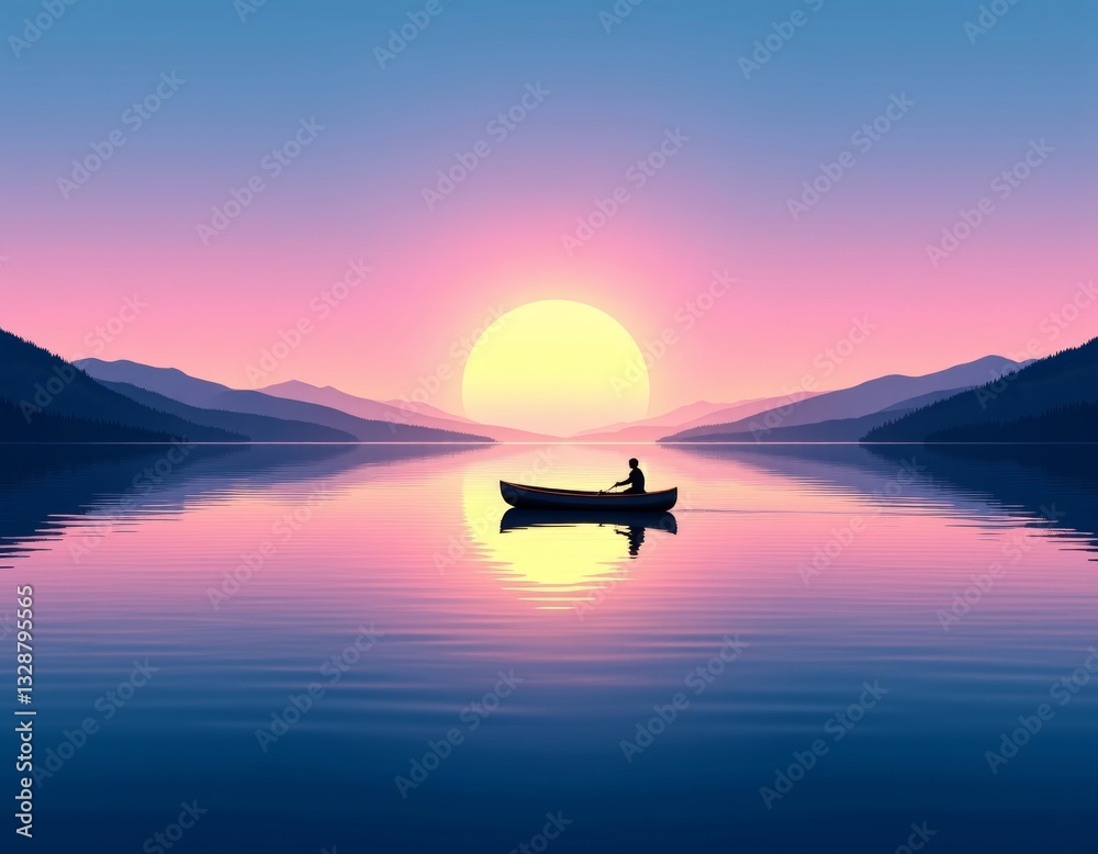 Calm Lake Sunrise Reflection with Wooden Canoe, Silhouettes, Serene Mountains, 8K Photorealistic Vaporwave Moods, Copy Space Calm Lake Sunrise Reflection with Wooden Canoe, Silhouettes, Serene Mountains, 8K Photorealistic Vaporwave Moods, Copy Space