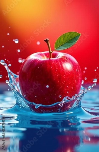 Red Apple with splashing water on vibrant red background