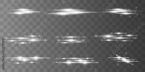 Set of white horizontal highlights.Rays of light. Glowing stripes.Vector illustration.On a transparent background.EPS 10.