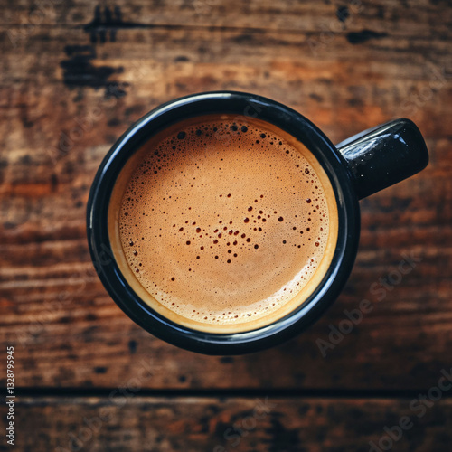 Freshly brewed espresso in black ceramic cup on rustic wooden table