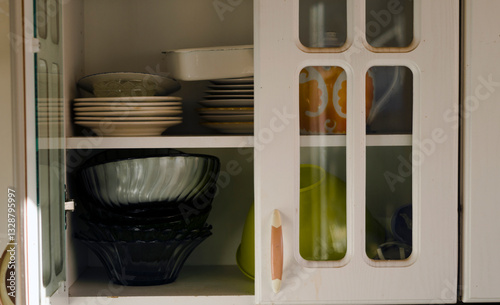 half open kitchen cupboard