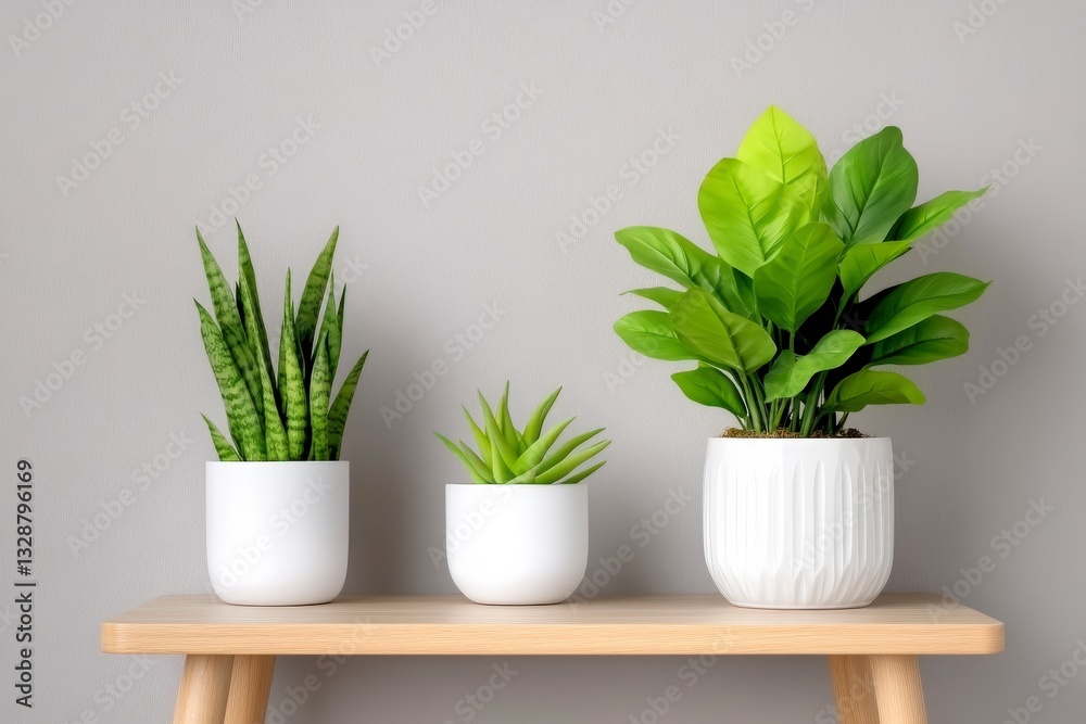 Fototapeta premium Elegant Indoor Plants Arrangement on Wooden Table with Light Gray Wall Background for Modern Interiors