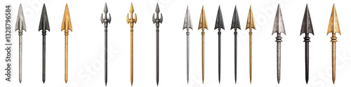 An array of diverse spears arrow heads and other sharp metal weapons and tools with historical and decorative design elements