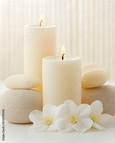 Lit candles, smooth stones, and delicate white blossoms create a serene spa-like atmosphere