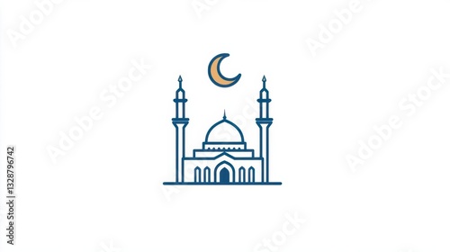 Minimalist illustration of a mosque with crescent moon, symbolizing spirituality and peace
