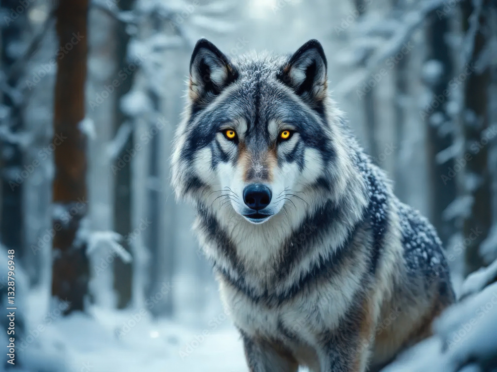 Fototapeta premium A majestic wolf in snow-covered forest, showcasing its powerful presence and sharp features.