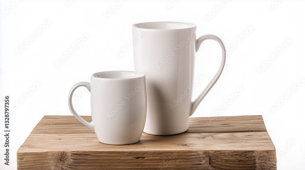 Two White Ceramic Mugs on Rustic Wooden Table - Minimalist Still Life Two White Ceramic Mugs on Rustic Wooden Table - Minimalist Still Life