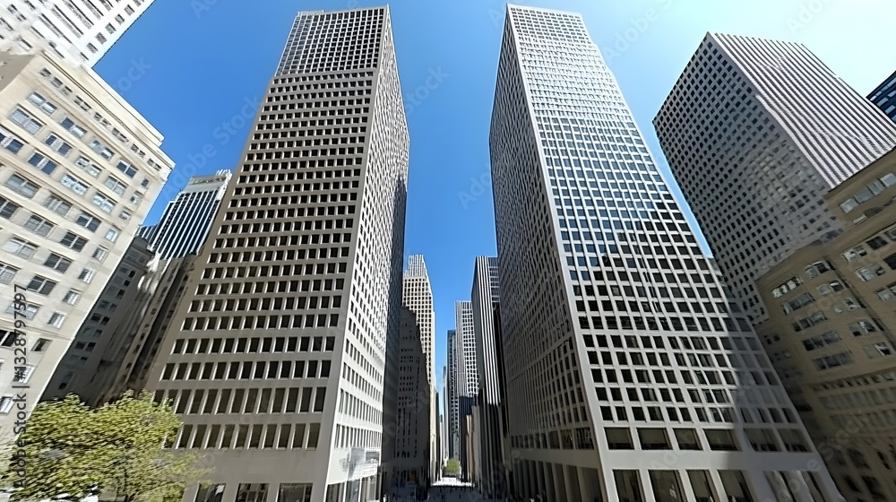Fototapeta premium Tall skyscrapers view from street upward on sunny day with blue sky
