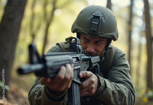 A determined soldier, clad in tactical gear and a helmet, is poised in a dense forest, aiming his weapon with intense concentration. The dappled sunlight filters through the trees, casting a dramatic
