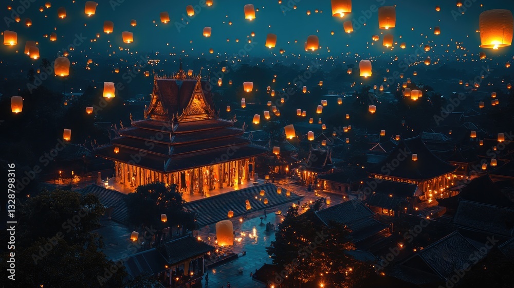Fototapeta premium serene temple illuminated by floating lanterns, symbolizing spir