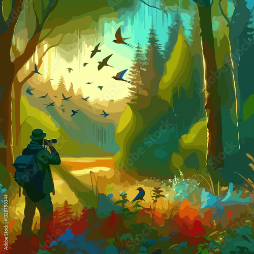Nature photographer capturing birds in a vibrant forest at sunrise
