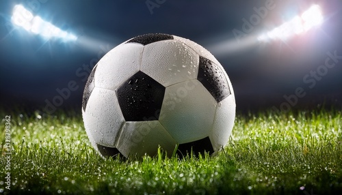 Detailed close-up of a soccer ball resting on wet grass, with raindrops beautifully reflecting the bright stadium lights. Captures the anticipation of the game