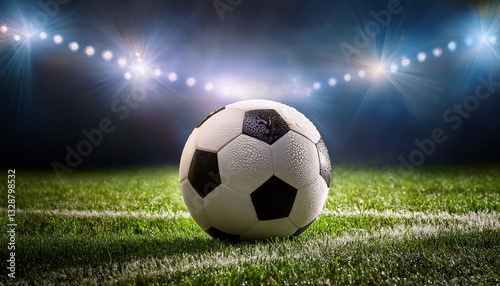 Detailed close-up of a soccer ball resting on wet grass, with raindrops beautifully reflecting the bright stadium lights. Captures the anticipation of the game
