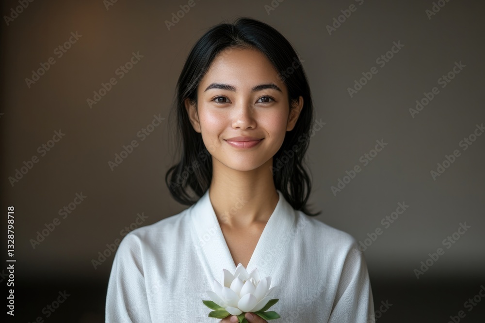 Smiling woman holds lotus flower, embodying peace and spirituali Smiling woman holds lotus flower, embodying peace and spirituali