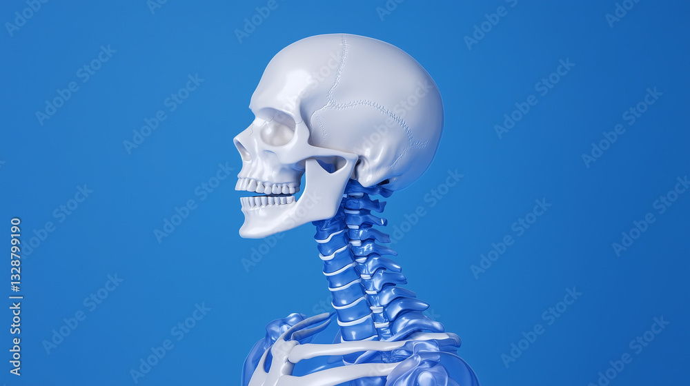 3D Render of Human Skull and Cervical Spine on Blue Background 3D Render of Human Skull and Cervical Spine on Blue Background