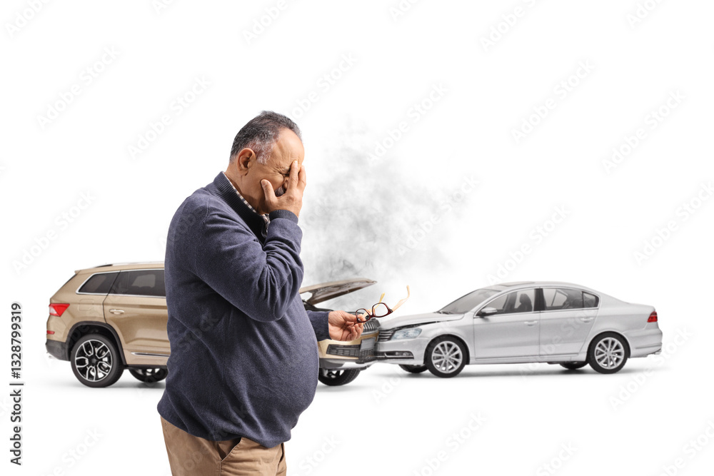 Car accident and stressed man standing and holding his head Car accident and stressed man standing and holding his head