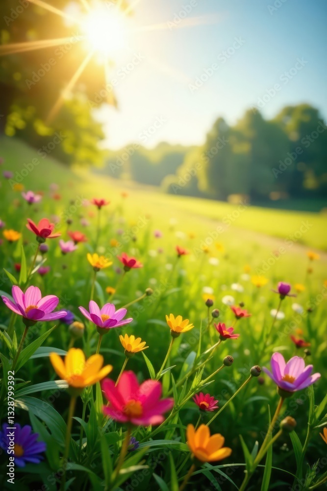 Fototapeta premium Sun-drenched meadow, vibrant wildflowers bloom , serene, field