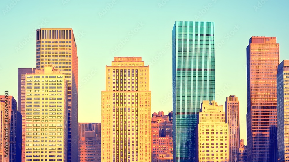Fototapeta premium Skyscrapers illuminated by sunlight in a city against a clear blue sky