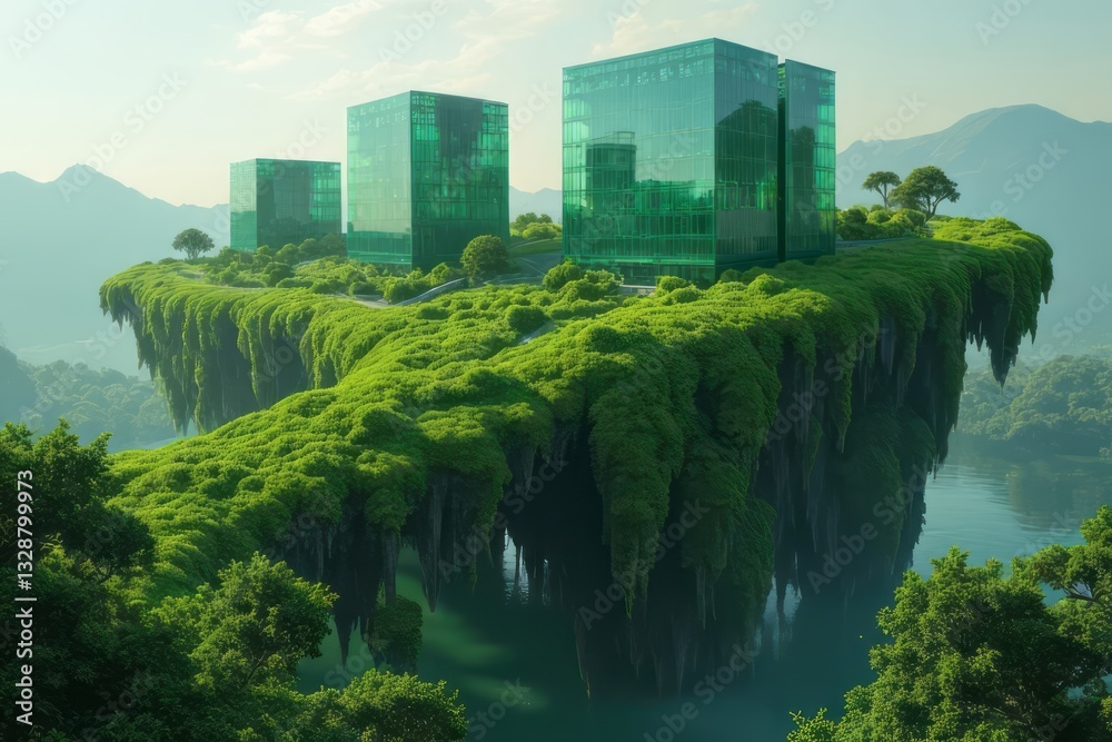 Fototapeta premium Floating Eco-City Above the Clouds with Solar Sky Bridges